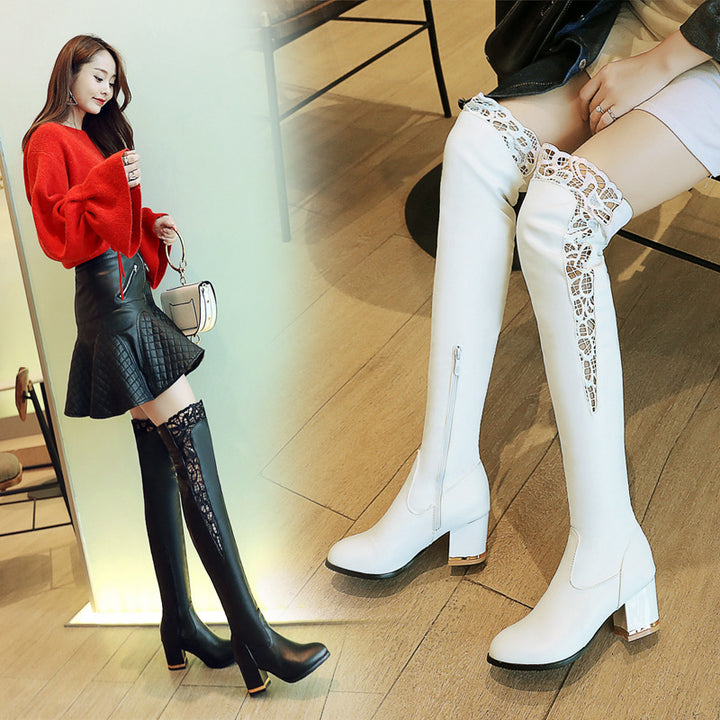 Fashion Lace Hollow Thick Heel Over-the-knee Boots