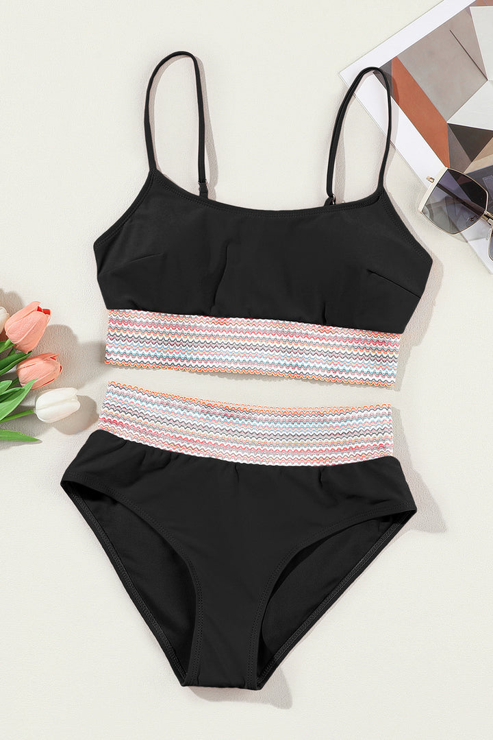 Black Striped Patchwork Spaghetti Strap High Waist Bikini Set