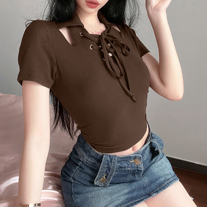 Off-the-shoulder Lace-up Collar Design Cropped Slim Fit Short-sleeved T-shirt