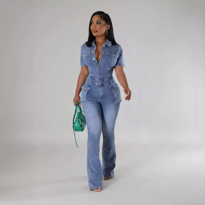 Denim Women's Washed Short-sleeved Jumpsuit