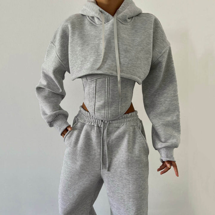 Gray Waist Hooded Short Sweater Ankle Banded Pants Three-piece Set