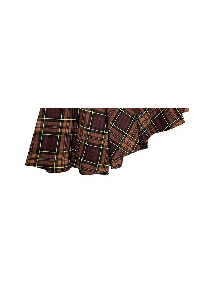 Plaid Contrast Skirt Women's Irregular PU Leather A- Line Skirt