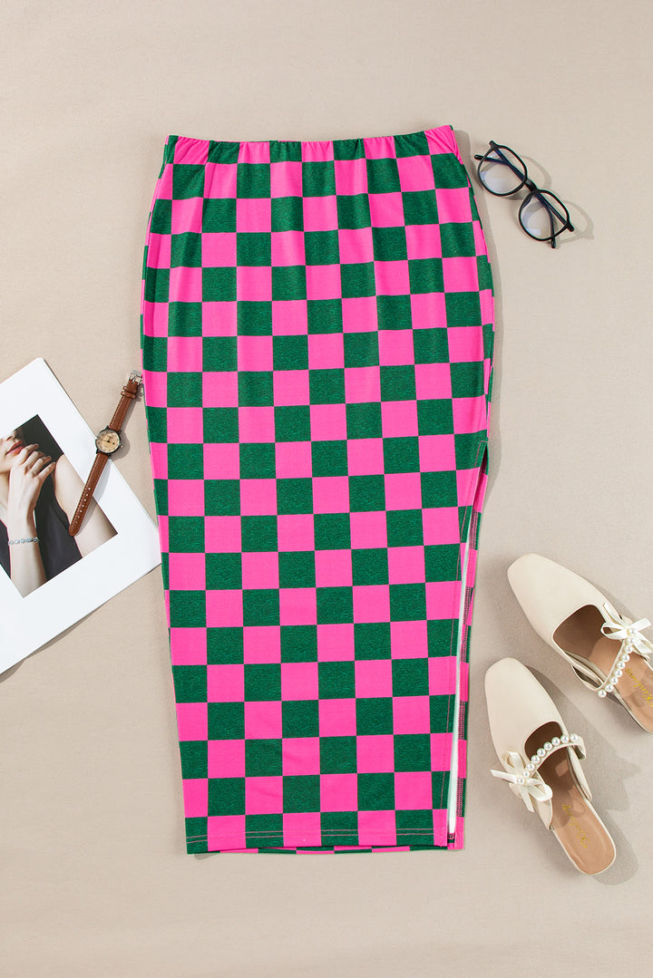 White Checkered Print Side Slit Slim Fit Midi Skirt