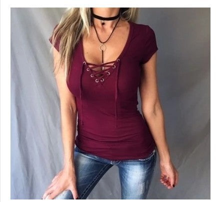 Sexy V neck hollowed out women T - shirt