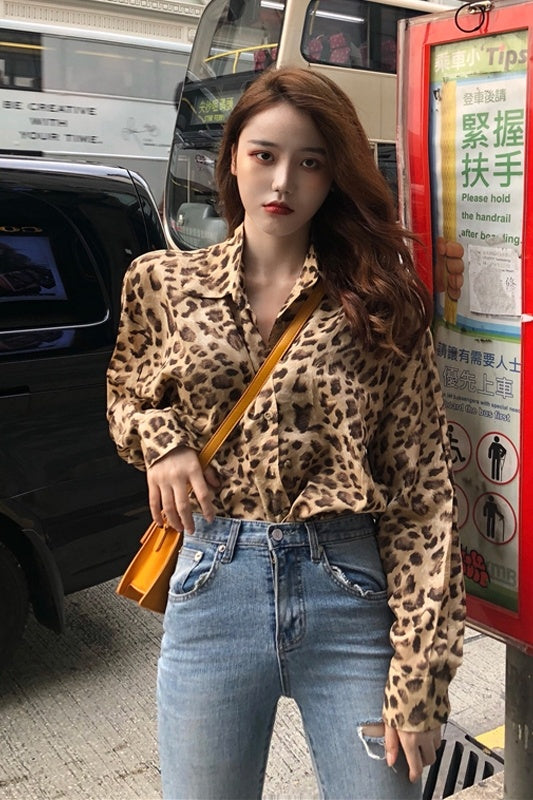 Retro contrast color leopard shirt women  autumn