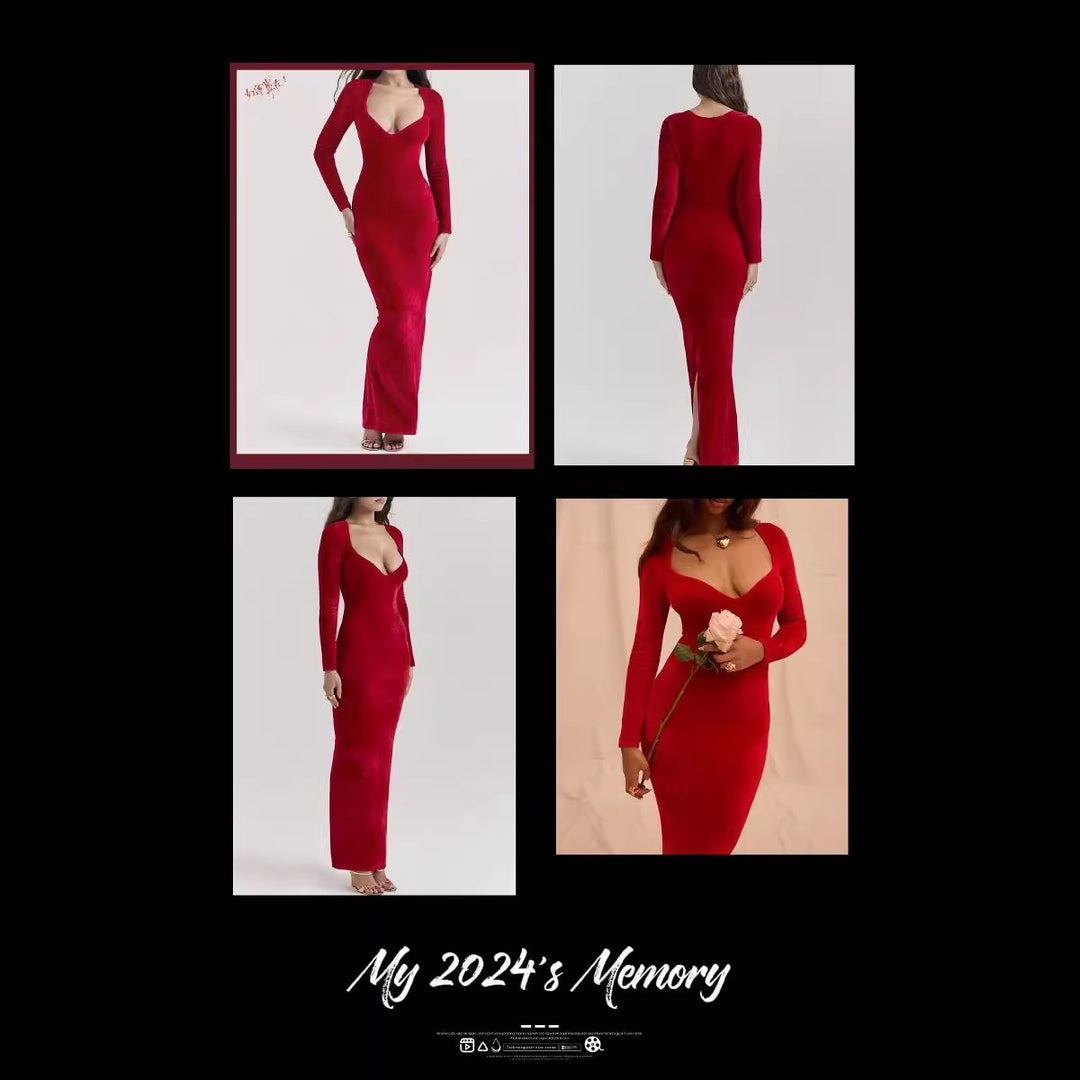 Red Plush Long-sleeved Slimming Evening Dress