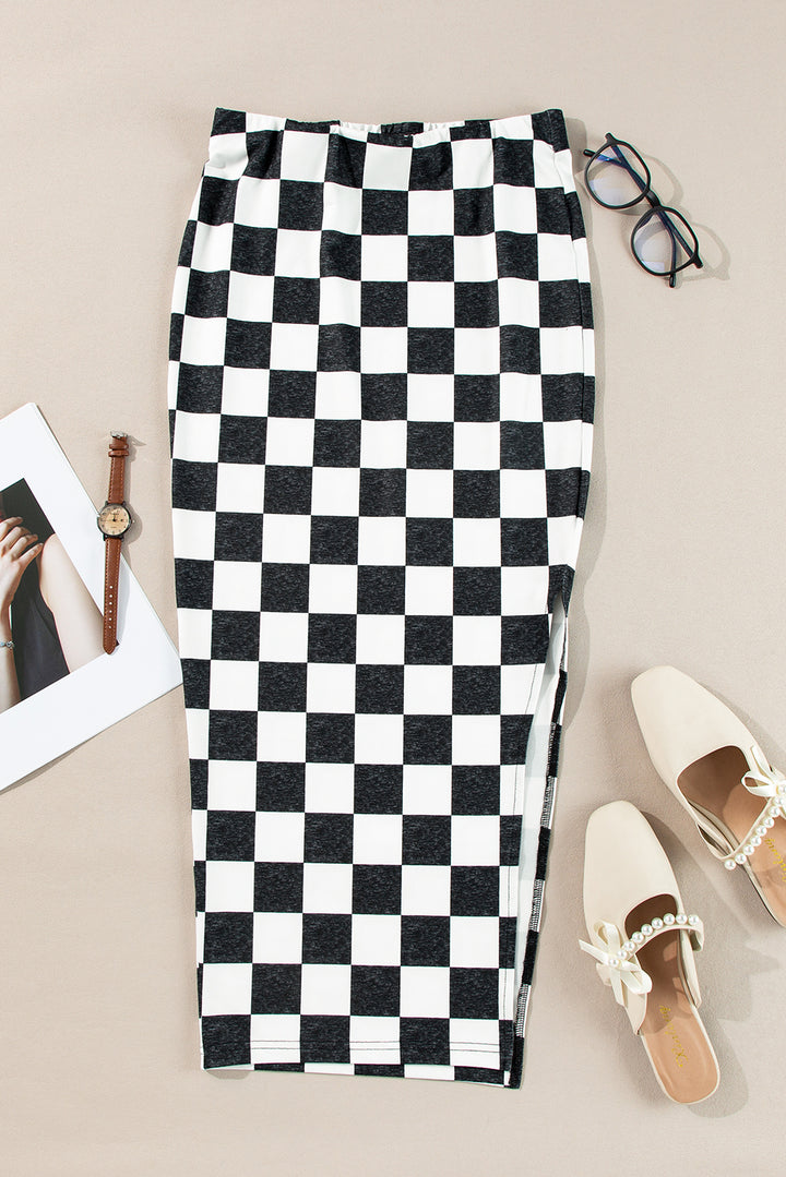 White Checkered Print Side Slit Slim Fit Midi Skirt