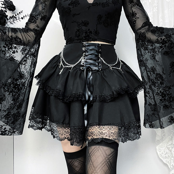 Goth Girl Party Style Slim Chain Cross Double Layer Gothic Skirt Women