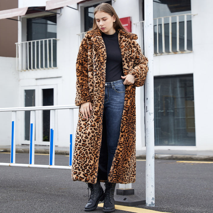 Faux Fur Leopard Print Rabbit Fur Super Long Suit Collar Fur Coat