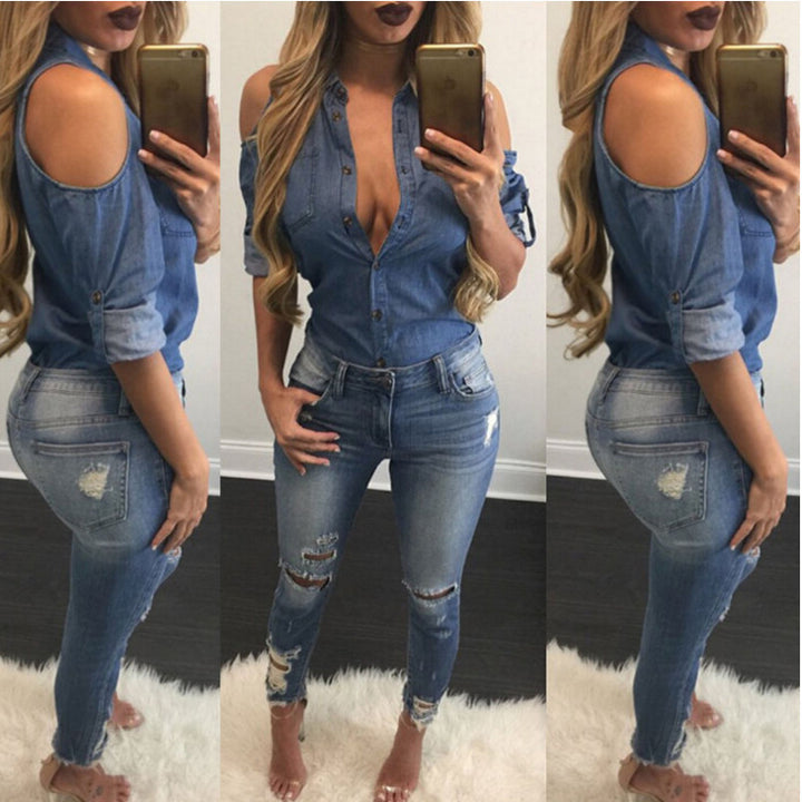 Spring Washed Denim Loose Off-shoulder Lapel Shirt Shirt Long Sleeve