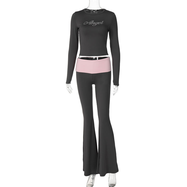 Autumn New Contrast Color Round Neck Long Sleeve Bell-bottom Pants Two-piece Set Fashion Rhinestone Suit