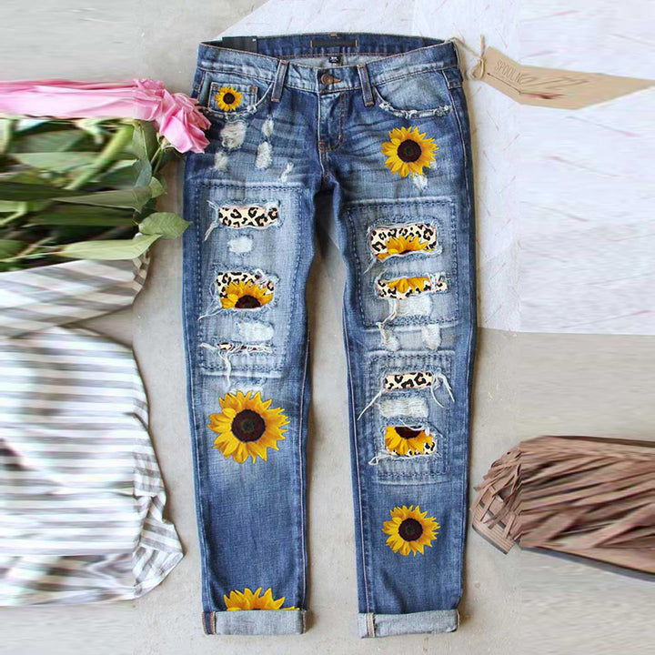 Jeans Ladies Vintage Print Sunflower