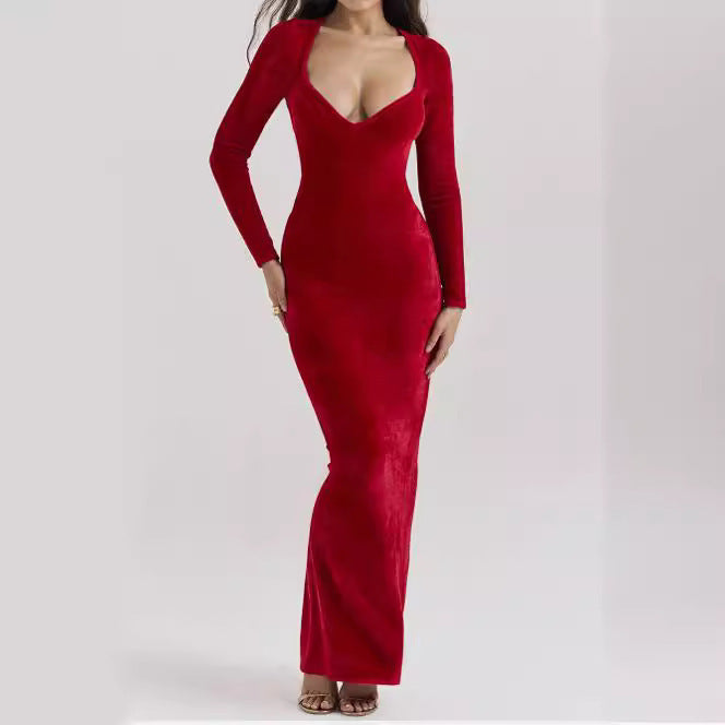 Red Plush Long-sleeved Slimming Evening Dress