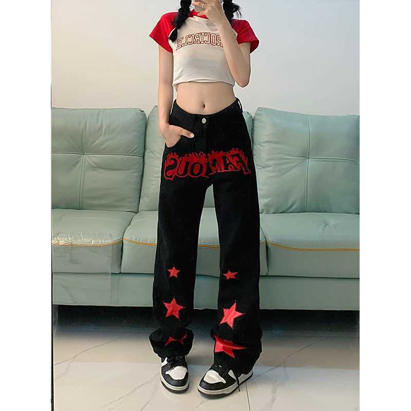 Red Star Letters Jeans For Women High Waist Casual Trousers