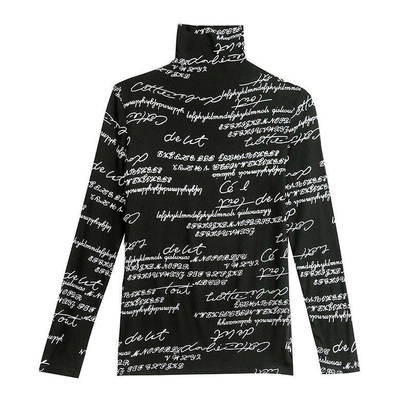 Fashion Letter Graffiti Printing Western Style Slim Slim High Neck Long Sleeve Top Bottoming Shirt