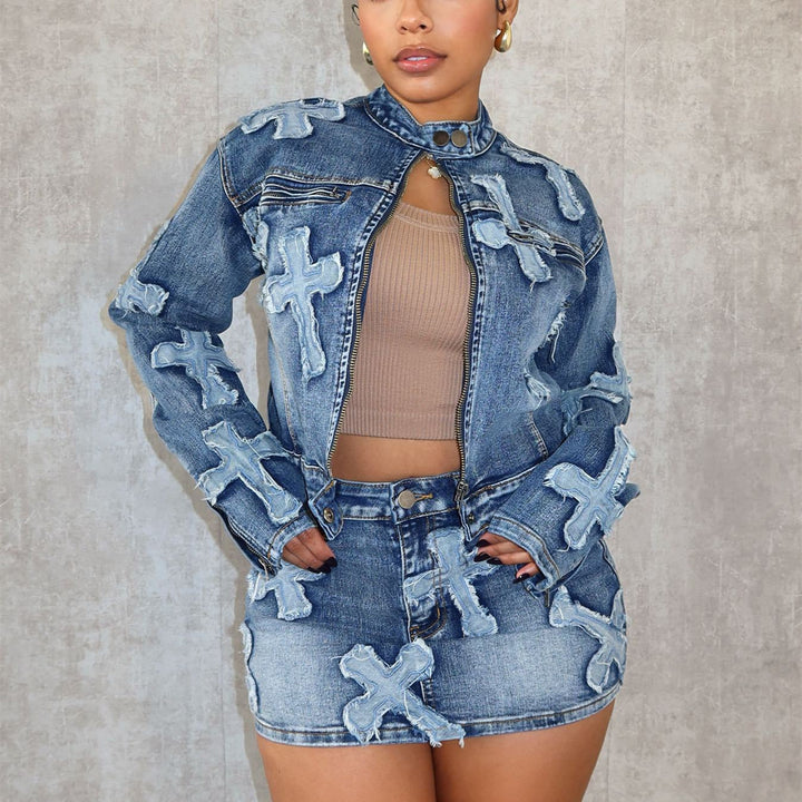 Denim Embroidered Short Skirt Jacket Suits Suit