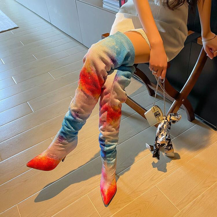 Skinny Heel Iridescent Over-the-knee Boots Elastic Boots For Women