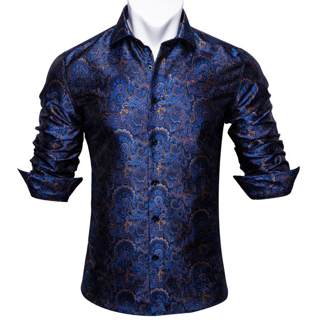 Barry.Wang Teal Paisley Floral Silk Shirts Men Autumn Long Sleeve Casual Flower Shirts For Men Designer Fit Dress Shirt BCY-05