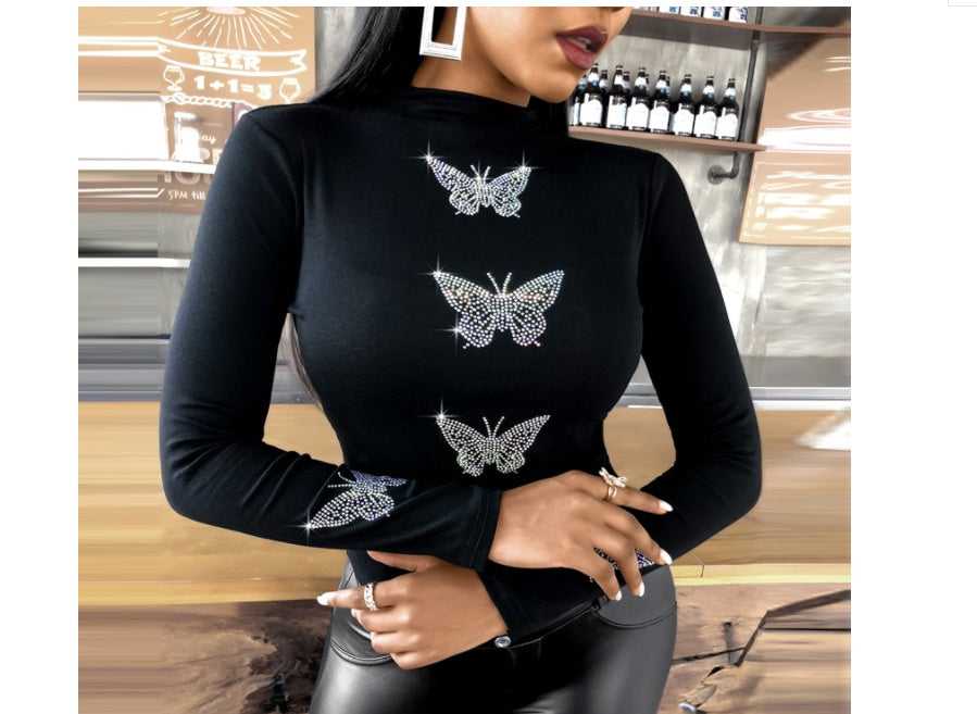 Butterfly Bright Diamond Fashion Long-sleeved Shirt Women