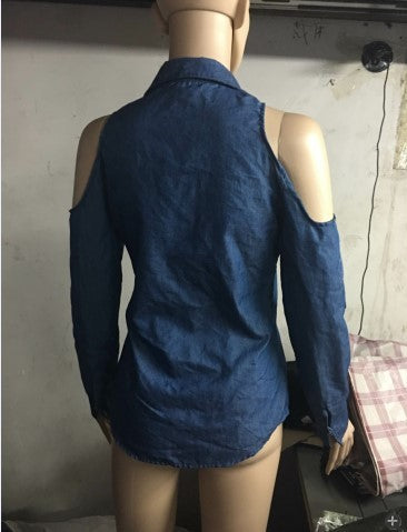 Spring Washed Denim Loose Off-shoulder Lapel Shirt Shirt Long Sleeve