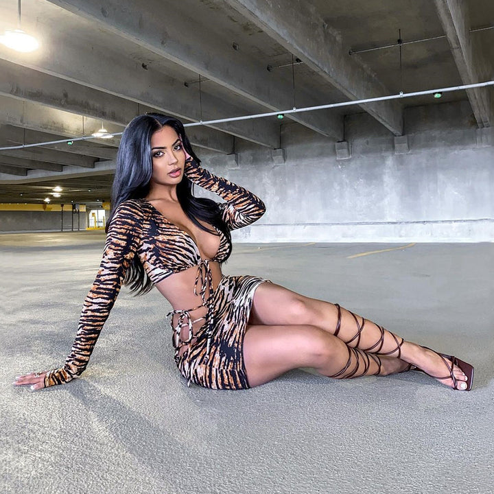 Sexy Nightclub Tiger Print Skirt Suit