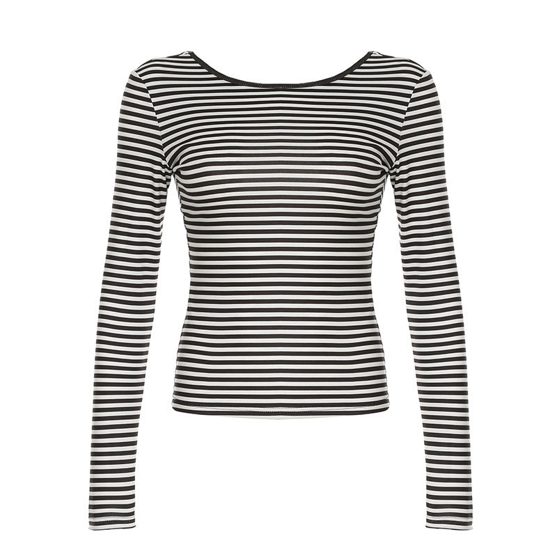 Contrast Color Striped Bare Back All-matching Slim Fit Bottoming Shirt Top