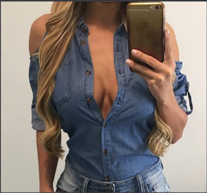 Spring Washed Denim Loose Off-shoulder Lapel Shirt Shirt Long Sleeve