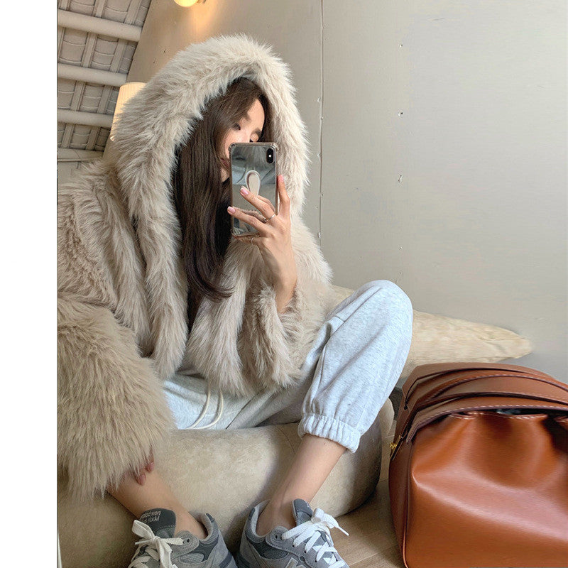 Loose Casual Hooded Warm Faux Fur Jacket