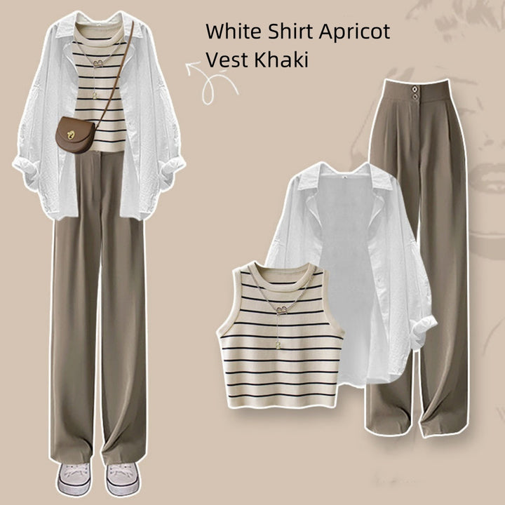 Spring Suit New Niche Design Shirt Striped Vest Wide Leg Pants Three-piece Set