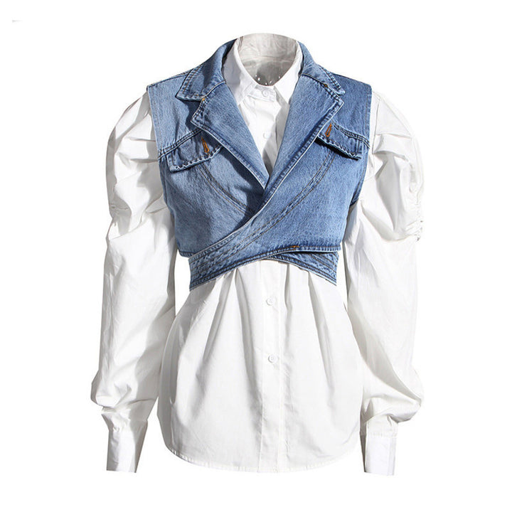 Irregular denim vest puff sleeve shirt