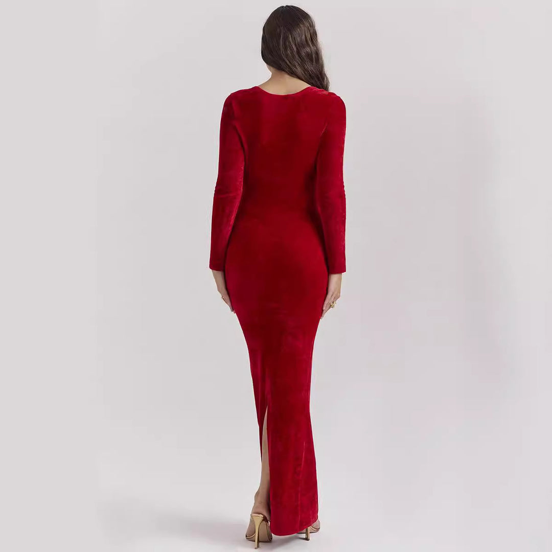 Red Plush Long-sleeved Slimming Evening Dress