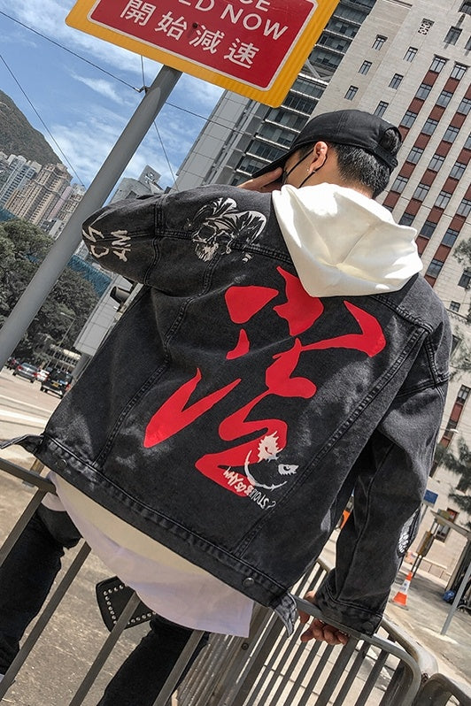 Graffiti printed denim jacket male Korean version of the trend of autumn students handsome loose wild jeans