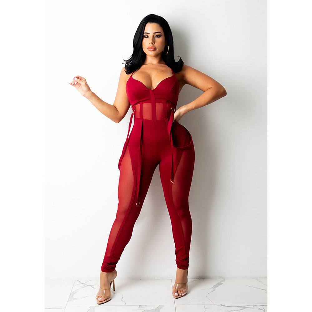 Women's Mesh See-through Suspender Jumpsuit Trousers