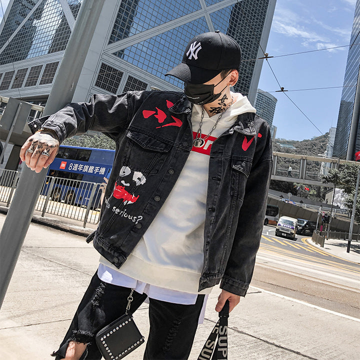 Graffiti printed denim jacket male Korean version of the trend of autumn students handsome loose wild jeans