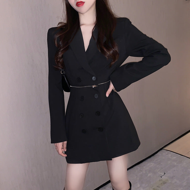 Women's Solid Color Mesh Long-sleeved Suit Dress