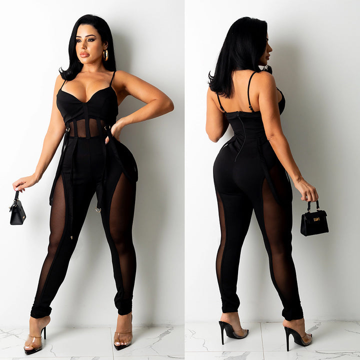 Women's Mesh See-through Suspender Jumpsuit Trousers