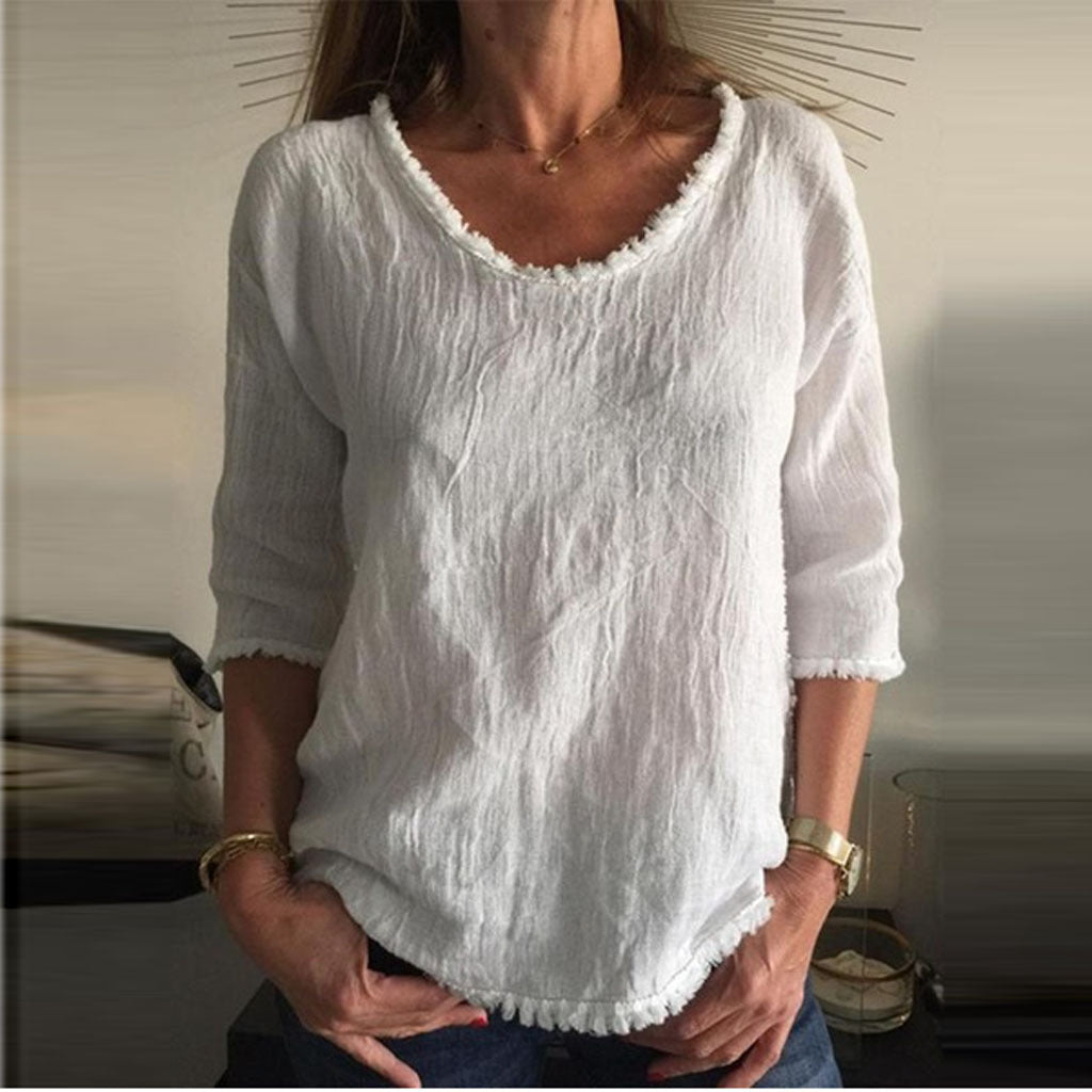 Spring And Summer New Round Neck Three-quarter Sleeve Cotton T-shirt Tassel Top