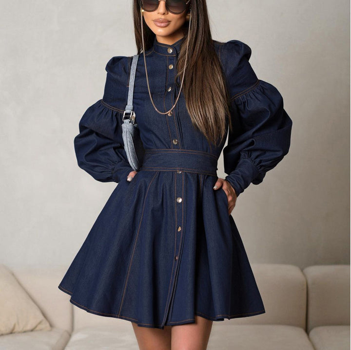 Lantern Sleeve Lace-up Denim Shirt Dress