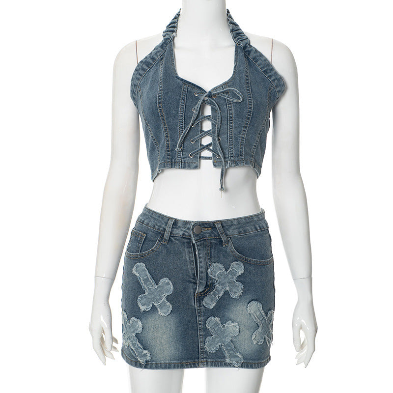 Cross Wash Sleeveless Casual Skirt Denim Suit