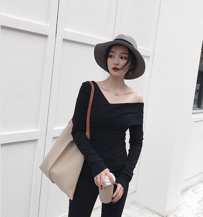 Off-Shoulder Slim Fit Long Sleeve Bottom T-Shirt