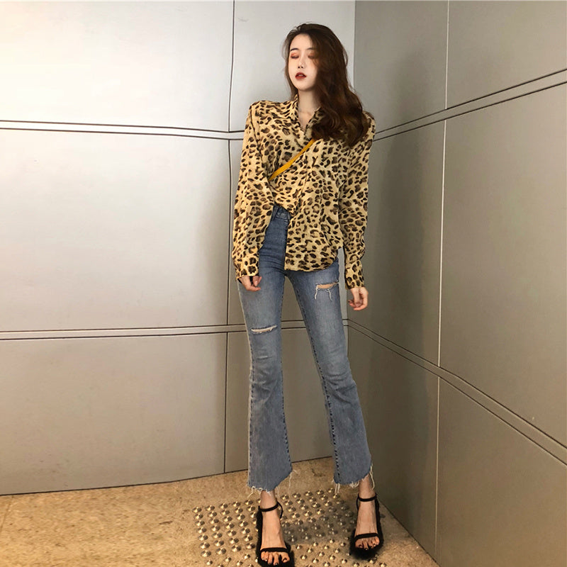 Retro contrast color leopard shirt women  autumn