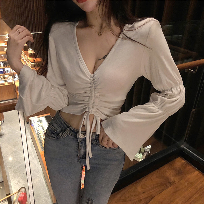 Autumn V-neck Flared Sleeve Drawstring Short top Slim Long Sleeve Top