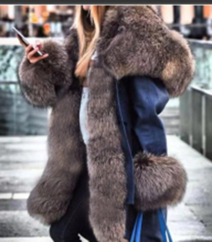 Faux crystal fox fur collar fur collar hooded jacket