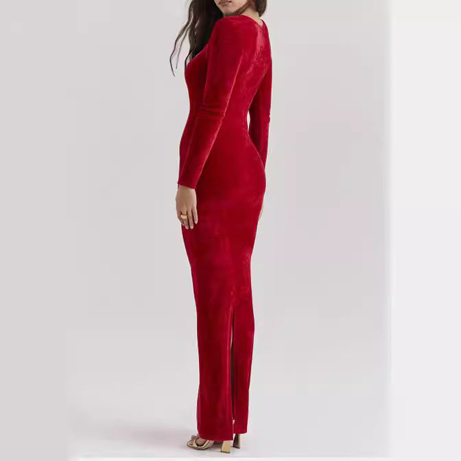 Red Plush Long-sleeved Slimming Evening Dress