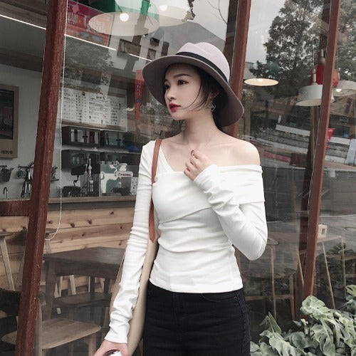 Off-Shoulder Slim Fit Long Sleeve Bottom T-Shirt