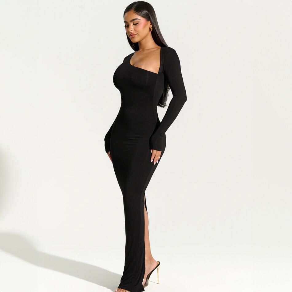 Long-Sleeved Slim Fit Dress - Sloping Neck Dress - Shop Swazeyfit