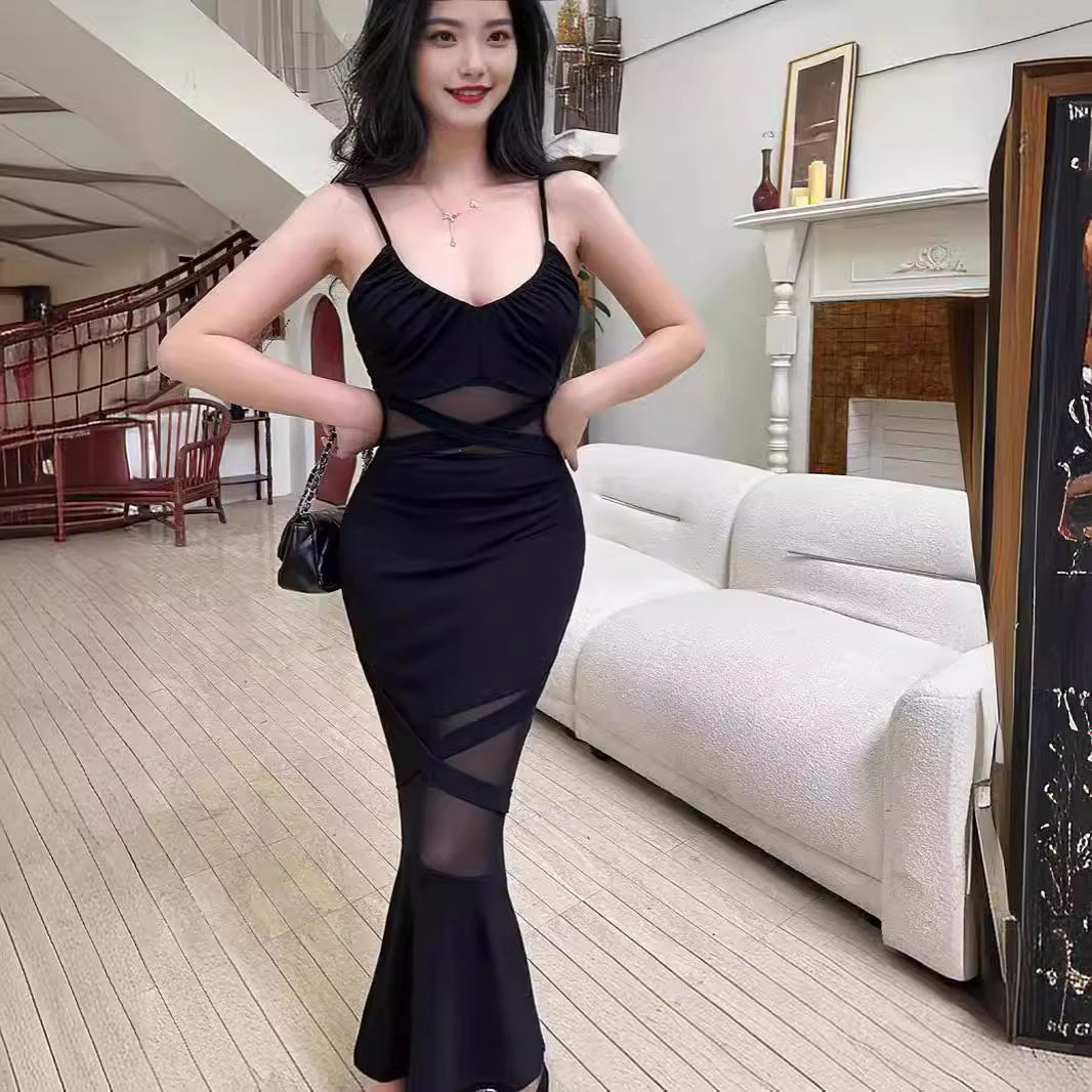 Fashion Stitching Mesh Fishtail Tight Waist Slimming Sheath Dress