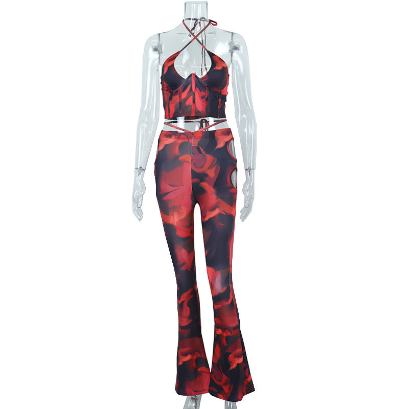 Printed Cross Suspender Top High Waist Leggings Two-piece Suit Women