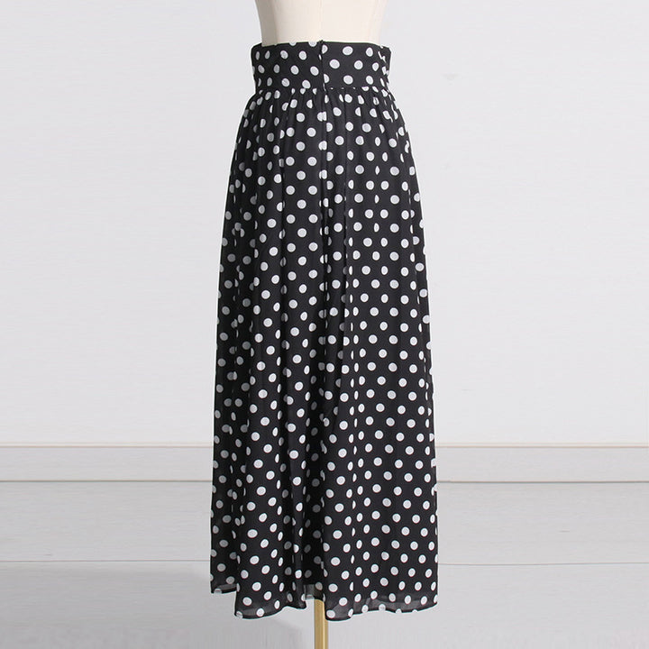 Woman Square-neck Puff Sleeve Top High Waist Slit Polka Dot Printed Dress Suit