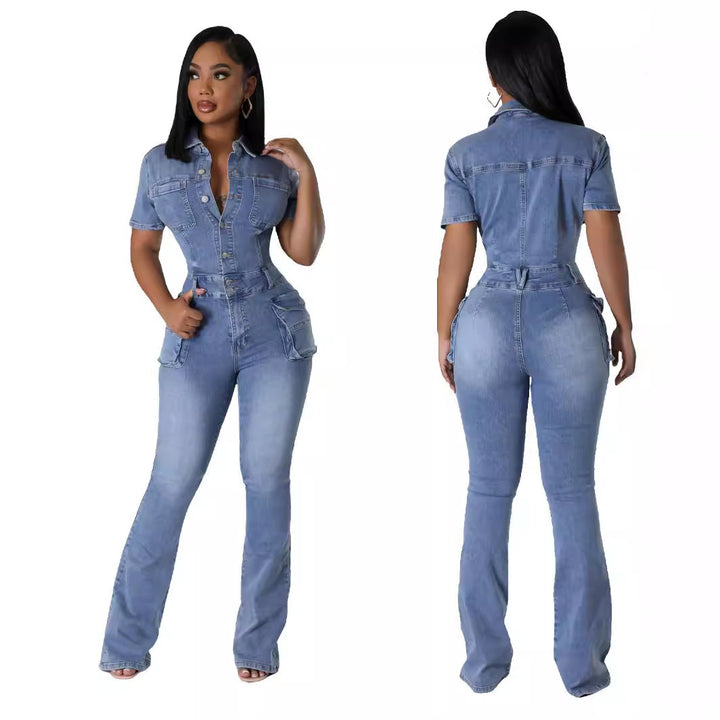 Denim Women's Washed Short-sleeved Jumpsuit